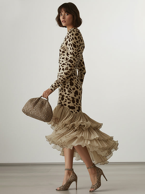Bodycon High-Low Contrast Color Leopard Ruffled Split-Joint Deep V-Neck Midi Dresses