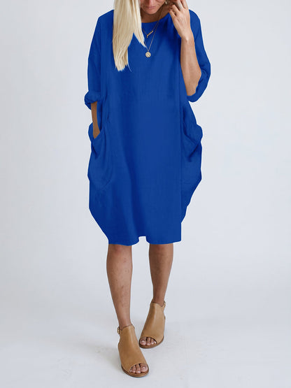 Long Sleeves Loose Pockets Solid Color Round-Neck Mini Dresses