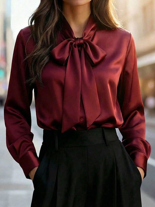 Tiered Solid Color Buttoned Long Sleeves High-low V-neck Blouses&shirts Tops