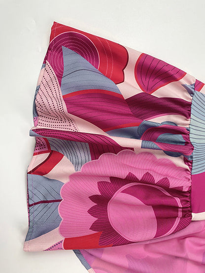 Batwing Sleeves Loose Flower Print Pleated Split-Joint Round-Neck Maxi Dresses