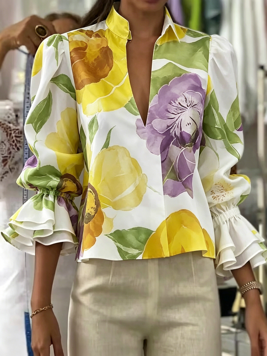 Flared Sleeves Long Sleeves Elasticity Flower Print V-Neck Blouses&Shirts Tops
