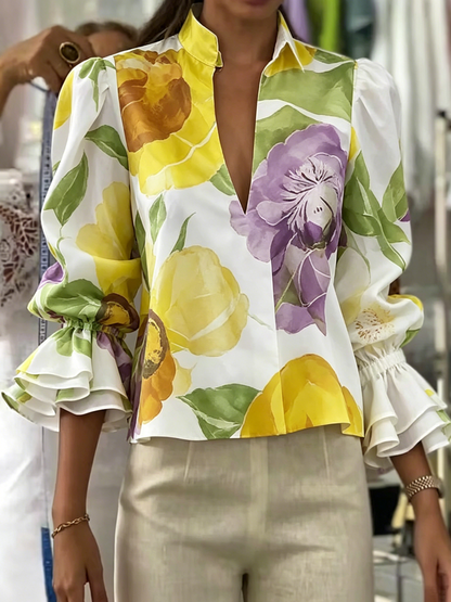 Flared Sleeves Long Sleeves Elasticity Flower Print V-Neck Blouses&Shirts Tops