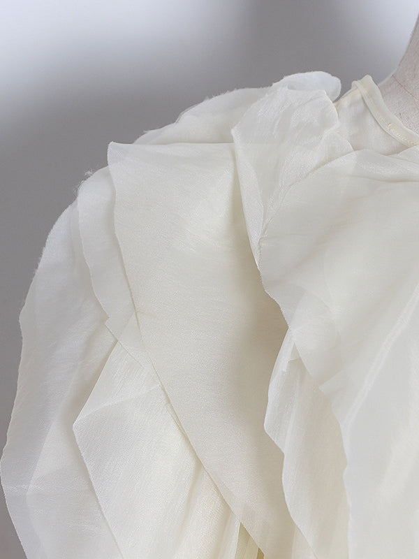 Long Sleeves Loose Lace-Up Solid Color Tiered Round-Neck Blouses&Shirts Tops