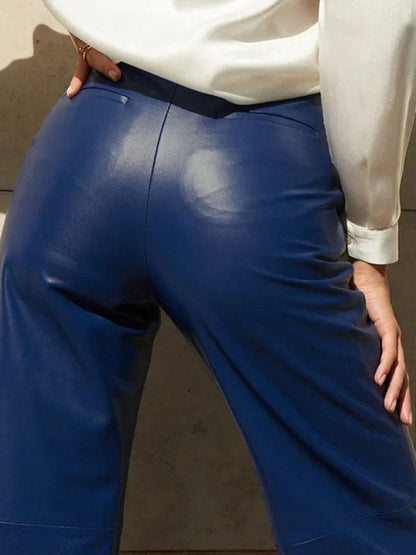 Pantalon slim taille haute en PU, couleur unie, coupe droite 