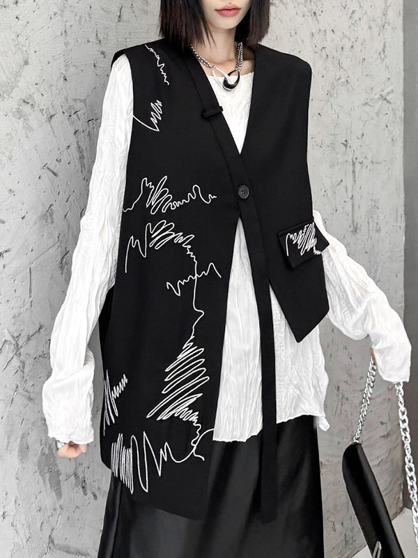 Sleeveless Asymmetric Buttoned Embroidered V-Neck Vest Top