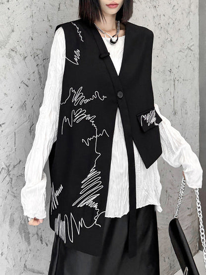 Sleeveless Asymmetric Buttoned Embroidered V-Neck Vest Top