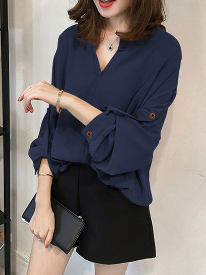 Casual Long Sleeves Loose Solid Color V-Neck Blouses&Shirts Tops
