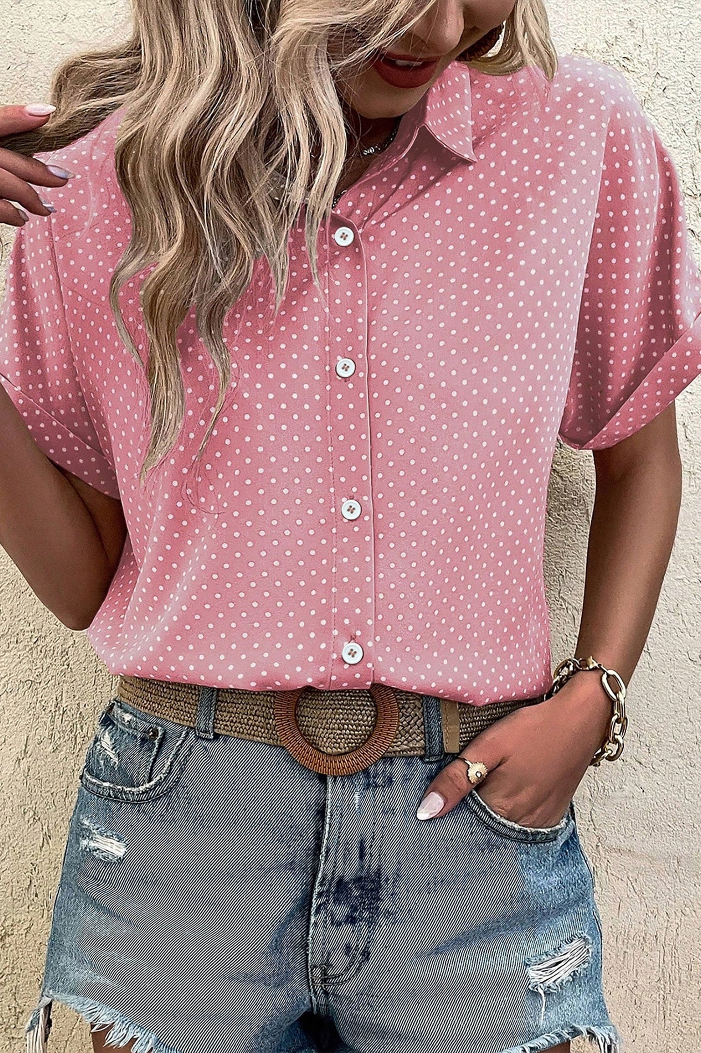 Khaki Dotted Print Cuffed Short Sleeve Shirt
