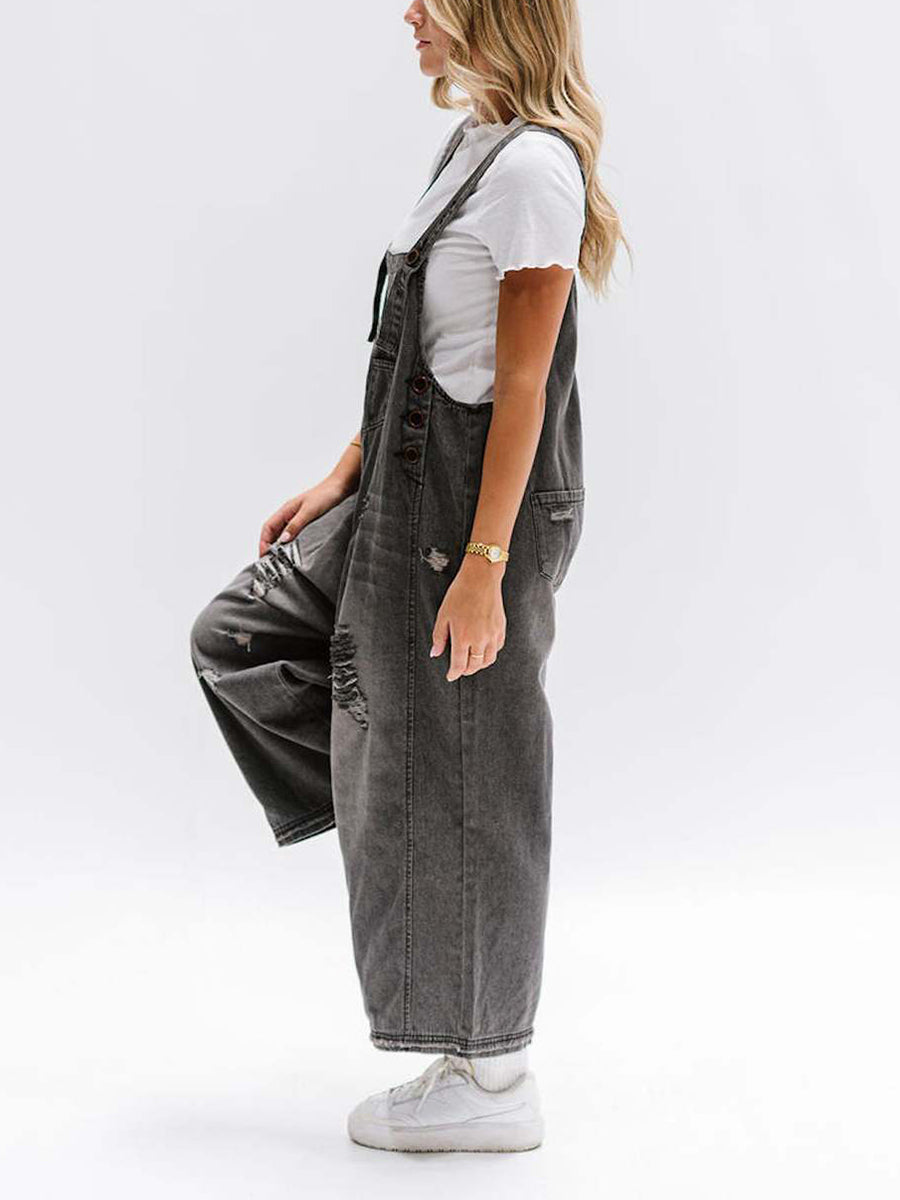 Cropped Wide Leg Buttoned Pockets Solid Color Adjustable Straps Overalls