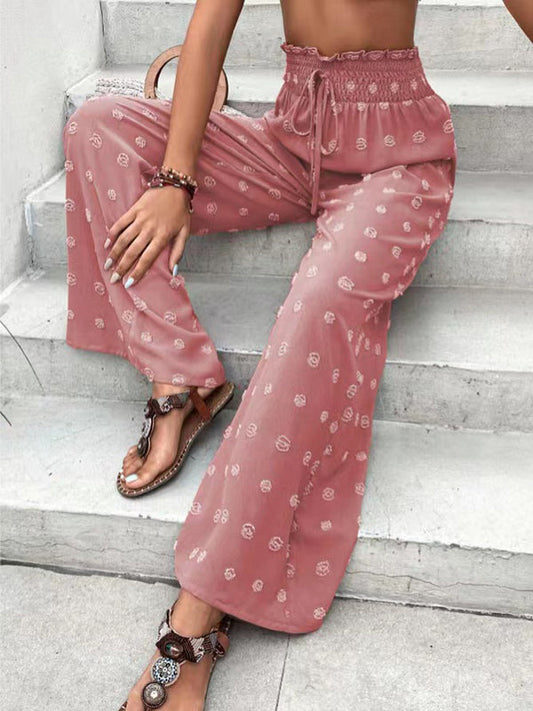 High Waisted Loose Drawstring Elasticity Jacquard Solid Color Pants Trousers