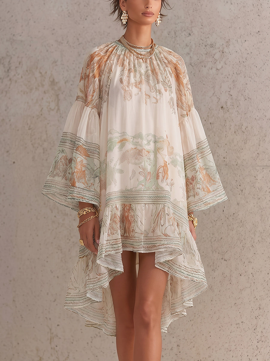 Flared Sleeves High-Low Flower Print Pleated Mock Neck Mini Dresses