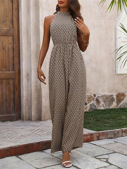 Loose Wide Leg Elasticity Printed Split-Joint Round-Neck Jumpsuits