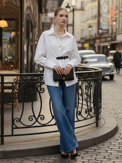 Long Sleeves Loose Belted Buttoned Contrast Color Split-Joint Lapel Blouses&Shirts Tops