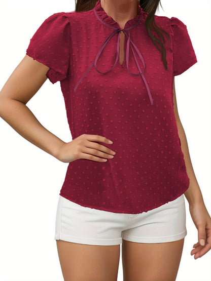 Puff Sleeves Short Sleeves Falbala Lace-Up Solid Color Blouses&Shirts Tops