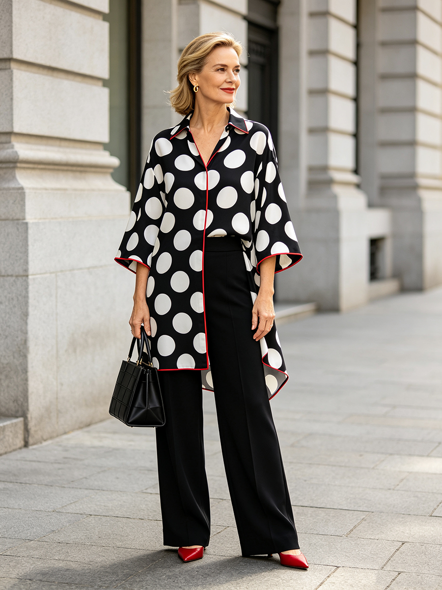 Split-front Split-Joint Polka Dot Contrast Color Three-quarter Sleeves Loose V-neck Blouses&shirts Tops