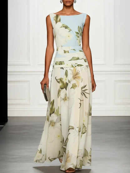 A-Line High Waisted Flower Print Pleated Split-Joint Zipper Round-Neck Maxi Dresses