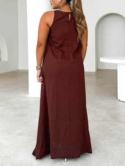 A-Line Loose Split-Joint Round-Neck Maxi Dresses