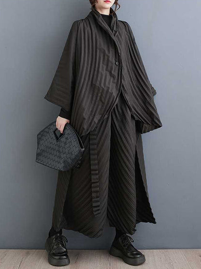 Long Sleeves Loose Buttoned Pleated Solid Color Stand Collar Shirts Top + Pants Bottom Two Pieces Set