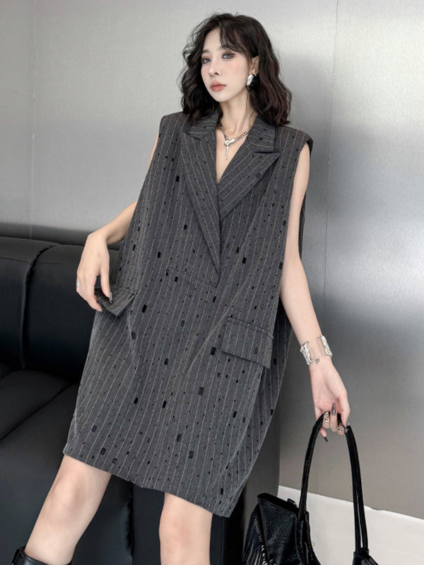 Loose Sleeveless Striped Lapel Vest Top