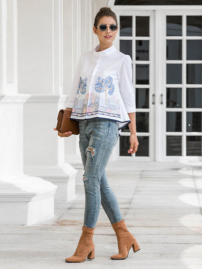 Chemisiers et chemises décontractés à manches trois-quarts et col montant brodés 