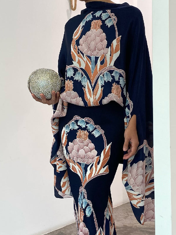 Batwing Sleeves Loose Flower Print Mock Neck Blouses&Shirts Tops NAVY BLUE