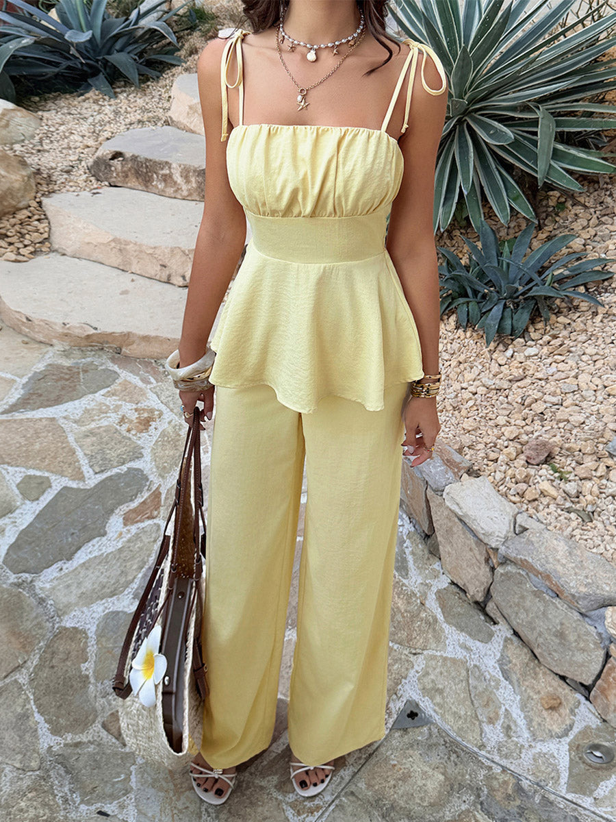 Loose Sleeveless Pleated Solid Color Spaghetti-Neck Vest Top + Pants Bottom Suits
