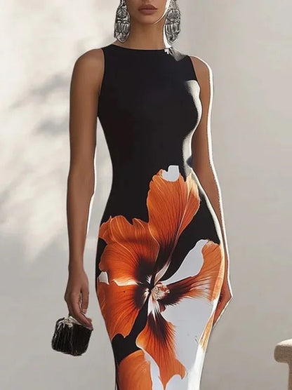 Skinny Sleeveless Flower Print Round-Neck Maxi Dresses