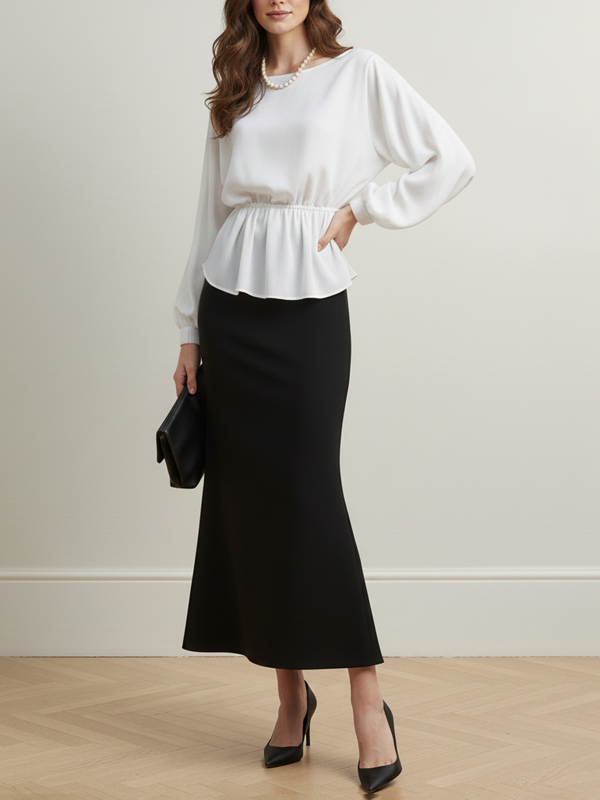 Long Sleeves Loose Elasticity Solid Color Round-Neck Blouses&Shirts Tops