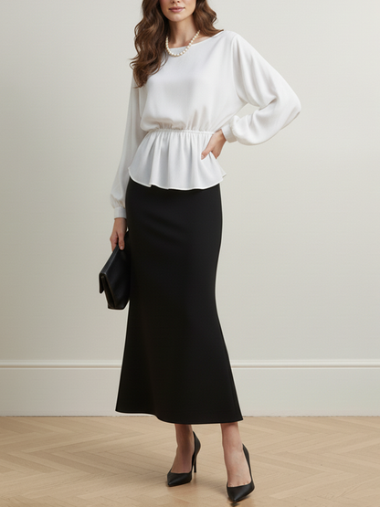 Long Sleeves Loose Elasticity Solid Color Round-Neck Blouses&Shirts Tops
