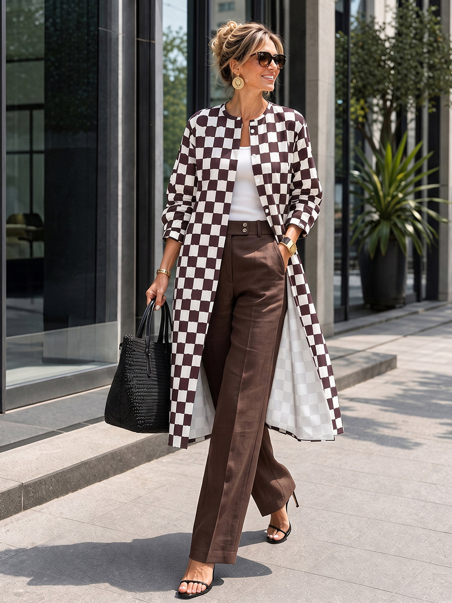 Plaid Contrast Color Buttoned Long Sleeves Round-neck Outerwear