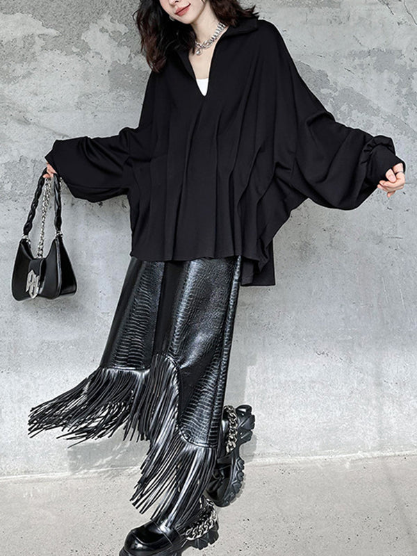 Batwing Sleeves Long Sleeves Pleated Solid Color Deep V-Neck Blouses&Shirts Tops