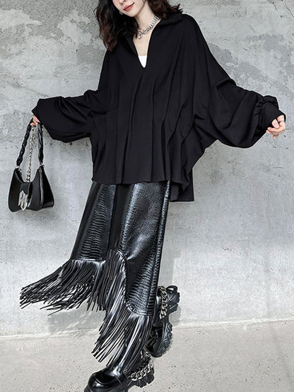 Batwing Sleeves Long Sleeves Pleated Solid Color Deep V-Neck Blouses&Shirts Tops