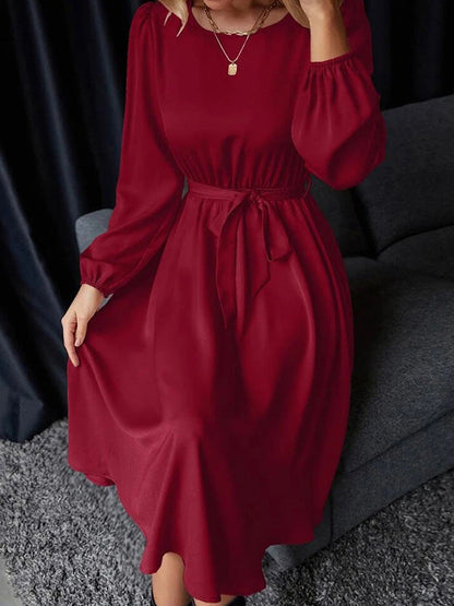 Loose Puff Sleeves Elasticity Pleated Solid Color Split-Joint Tied Waist Round-Neck Midi Dresses