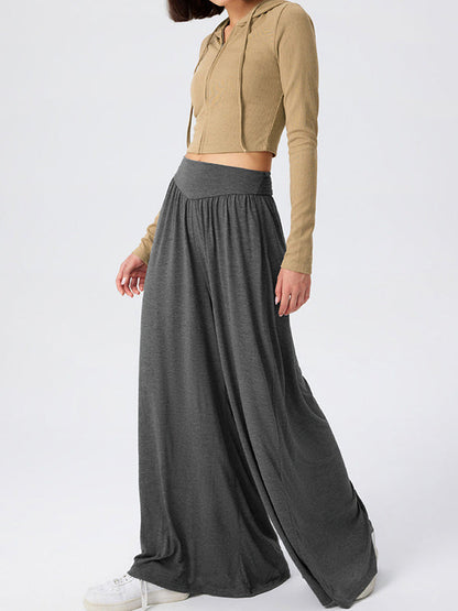 High Waisted Loose Pleated Pockets Solid Color Split-Joint Pants Trousers
