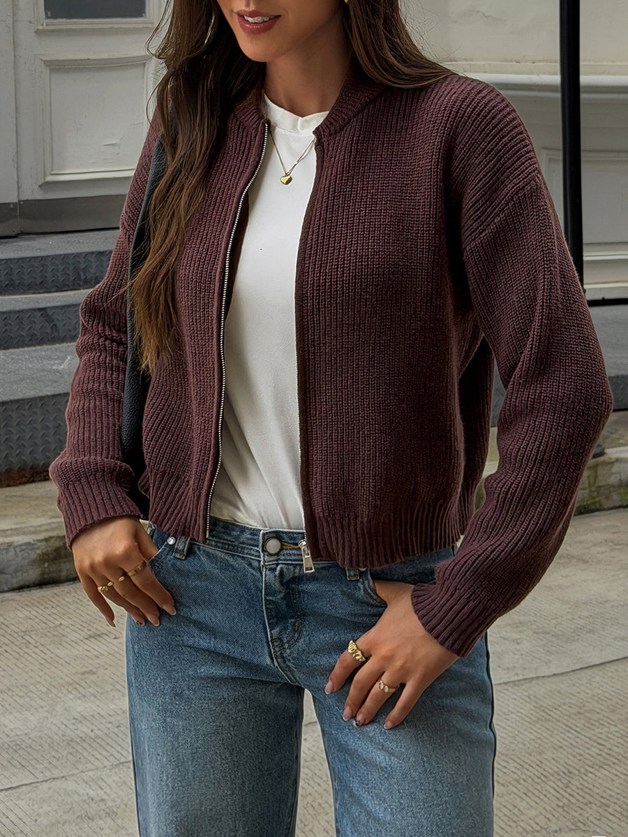Zipper Solid Color Loose Long Sleeves Round-neck Cardigan Tops