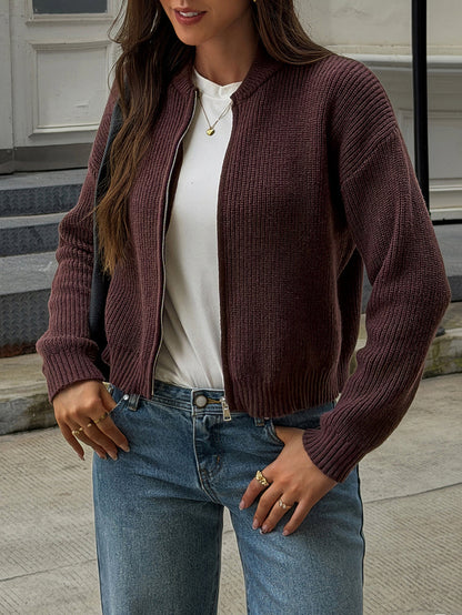 Zipper Solid Color Loose Long Sleeves Round-neck Cardigan Tops