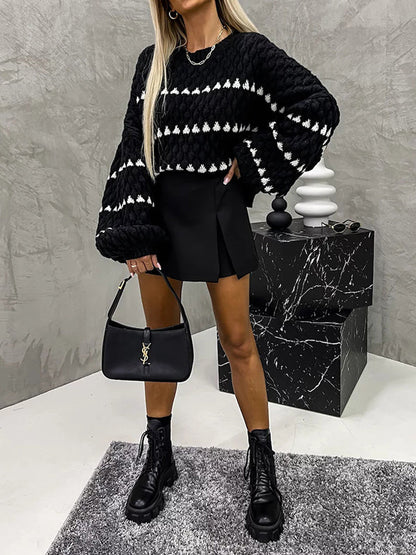 Loose Puff Sleeves Split-Joint Round-Neck Sweater Tops