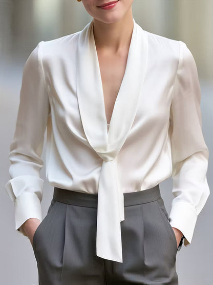 Tied Solid Color Long Sleeves V-neck Blouses&shirts Tops