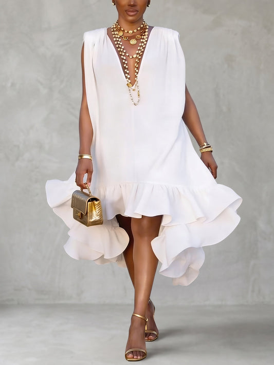High-Low Loose Pleated Ruffled Solid Color Deep V-Neck Mini Dresses