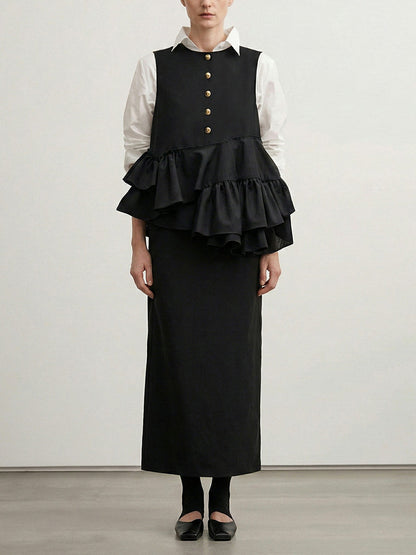 Column Irregularity Asymmetric Buttoned Contrast Color Layered Ruffled Split-Joint Lapel Maxi Dresses Shirt Dress