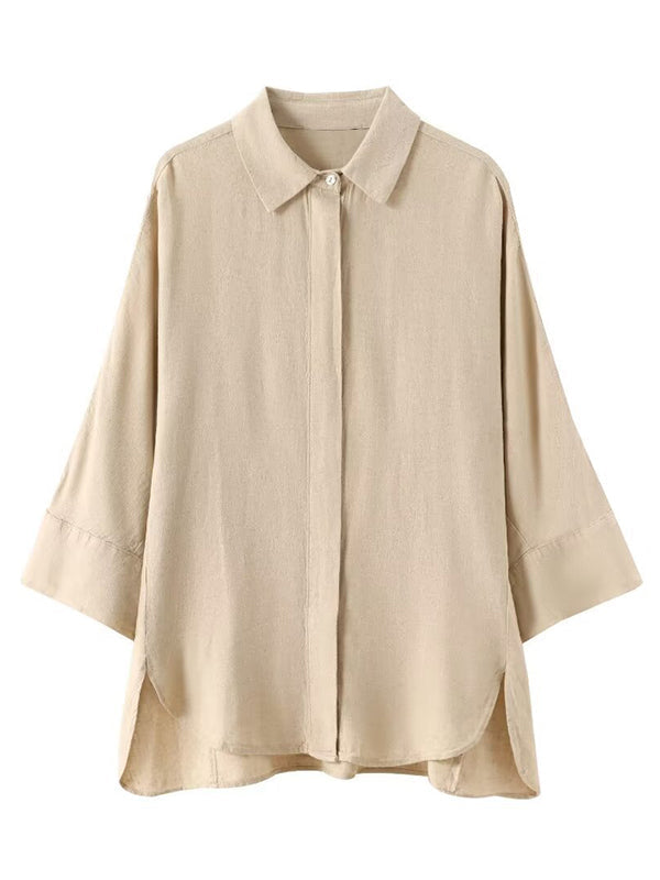 Loose Solid Color Split-Joint Split-Side Lapel Blouse + Elasticity Pleated Pants Trousers Two Pieces Set