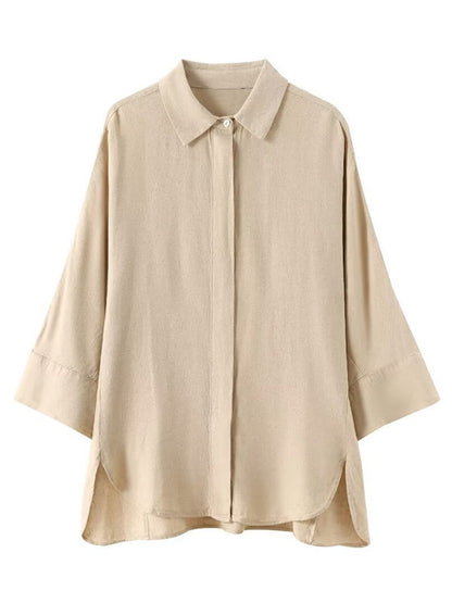 Loose Solid Color Split-Joint Split-Side Lapel Blouse + Elasticity Pleated Pants Trousers Two Pieces Set