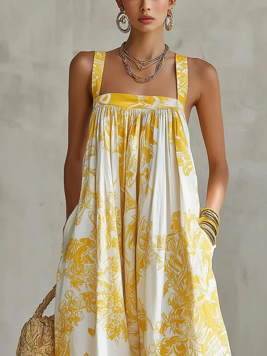 Loose Sleeveless Flower Print Pleated Pockets Spaghetti-Neck Jumpsuits