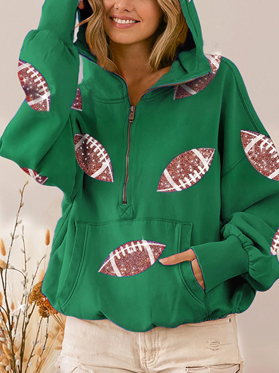 Zipper Split-Joint Ribbed Printed Pockets Drawstring Loose Long Sleeves Hooded Sweater Pullovers