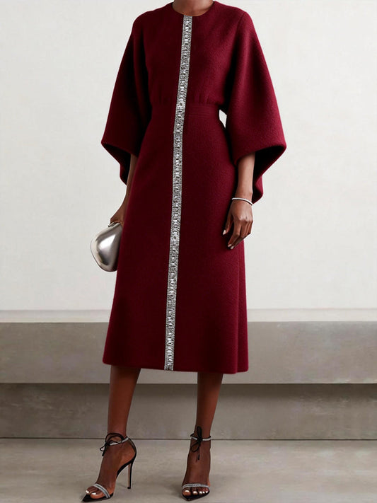 Batwing Sleeves Elasticated Waist Contrast Color Pleated Printed Split-Joint Round-Neck Midi Dresses