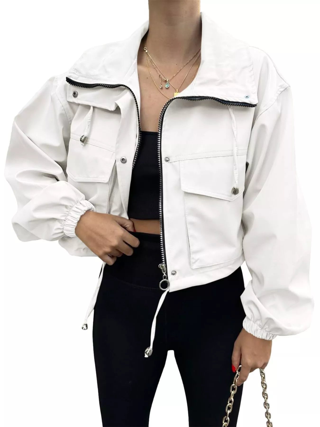 Crop Drawstring Hem Zip Up Jacket