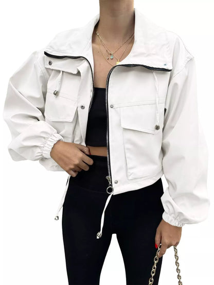 Crop Drawstring Hem Zip Up Jacket