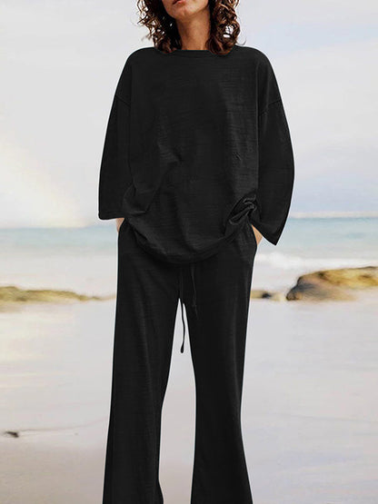 Loose Solid Color Long Sleeves Round-neck Shirts Top + Drawstring Pants Bottom Two Pieces Set