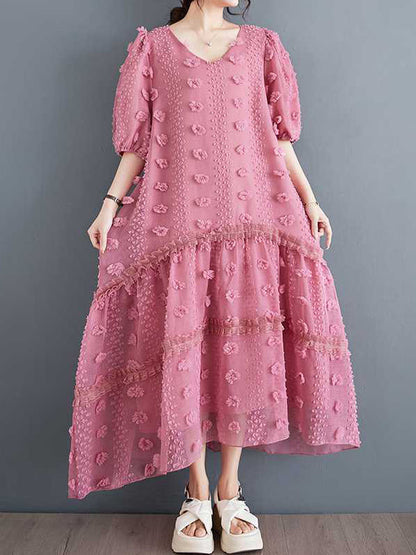 A-Line Half Sleeves Elasticity Jacquard Solid Color Split-Joint V-Neck Midi Dresses