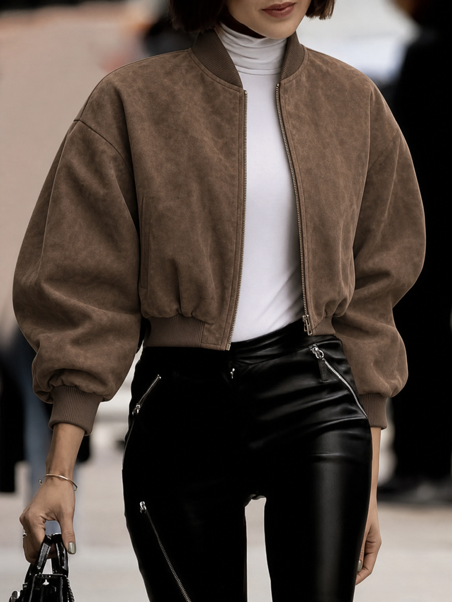 Zipper Solid Color Elasticity Long Sleeves Cropped Round-neck Outerwear